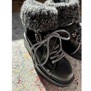 Miu Miu Fuzzy Sock Leather Lace Up Boots - 9